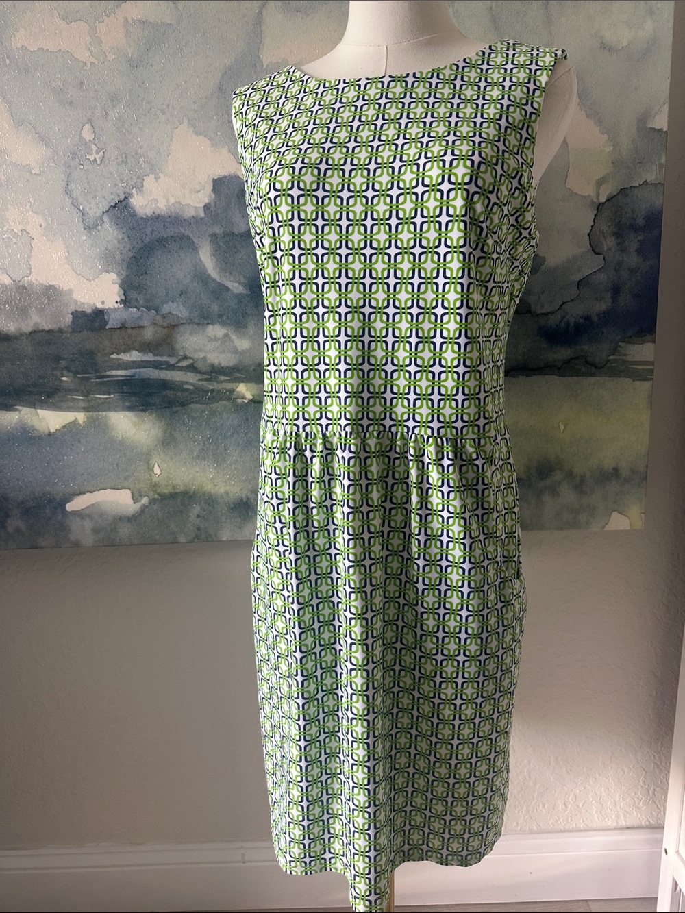 Jude Connelly L Vibrant Sleeveless Geometric Sheath Dress in Green and Blue